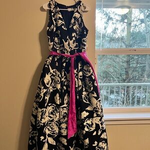 Eliza J Black and White Floral Kids Dress with Pink Sash